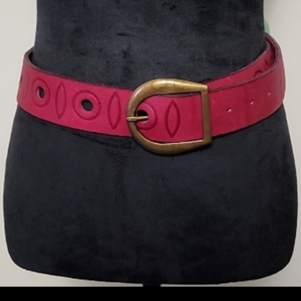 Vintage Sheldon Bowman Red Leather Belt Bronze Buckle Cutout Design S 34